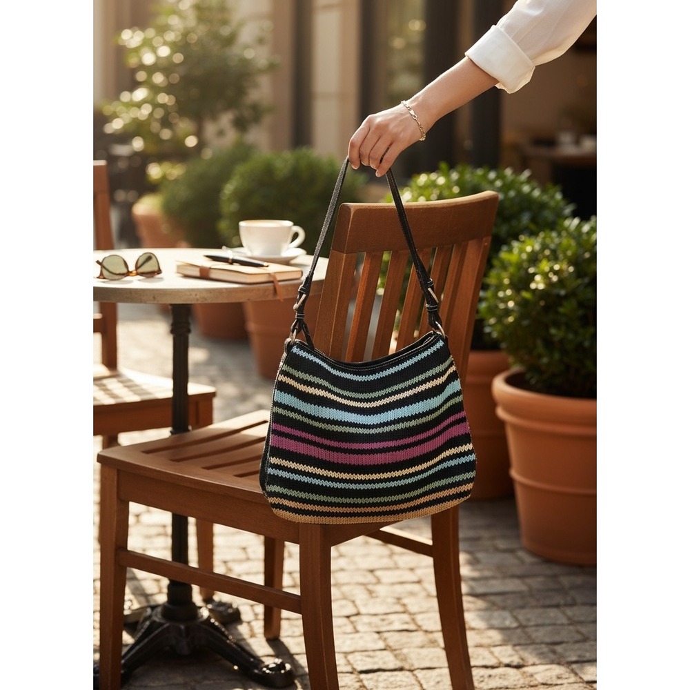 The Sak Crochet Striped Hobo Shoulder Bag Multi-Color Black Pink Blue Green